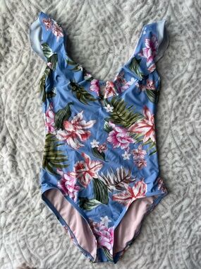 Kona Sol Blue Floral One-Piece Swimsuit Size S